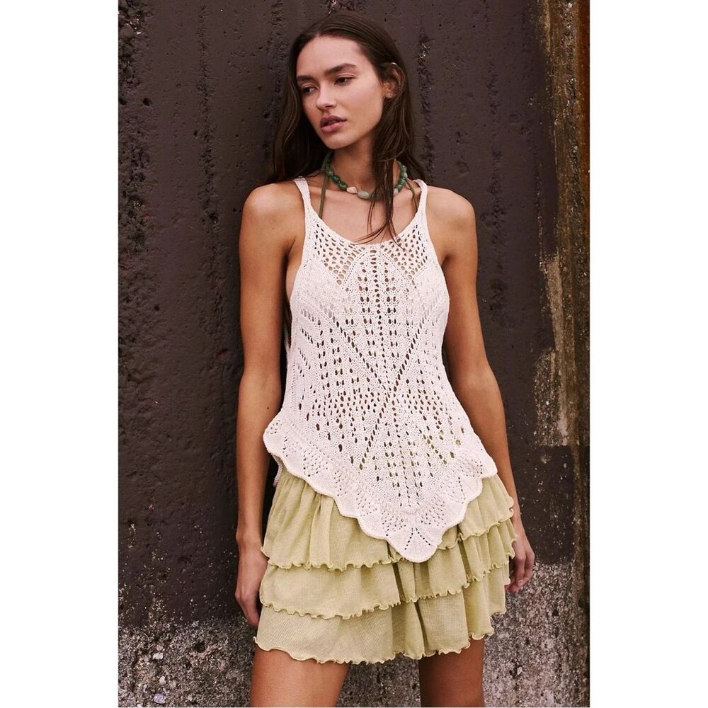 Free People Retro 70s Beachy Crochet Sea Song Sweater Tank Tunic Large Neutral